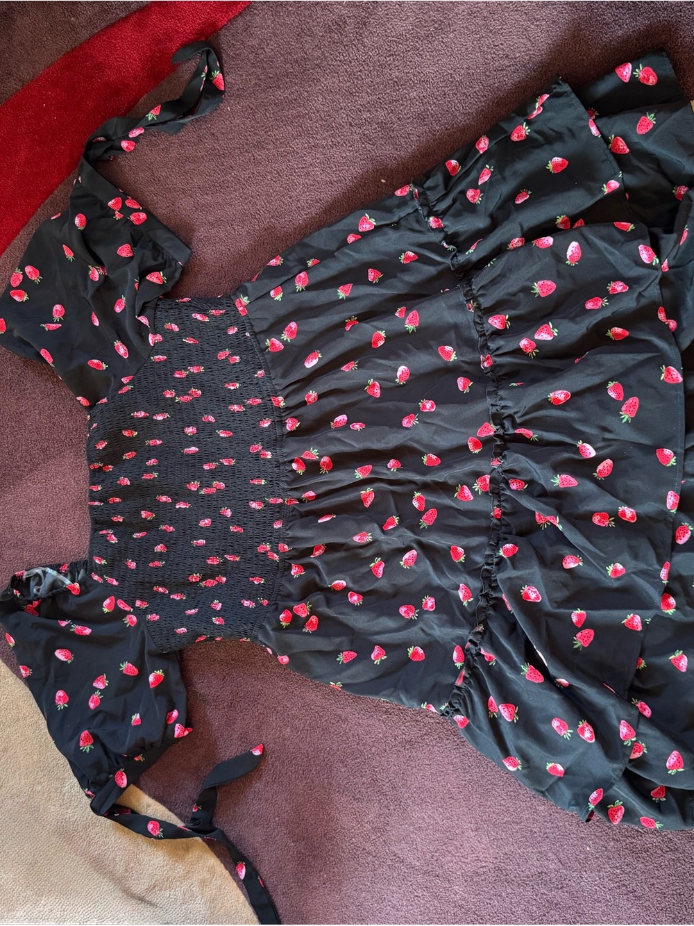 Black Strawberry Print Mini Dress with Smocked Bodice